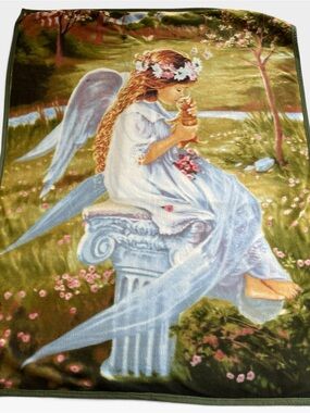 Vintage Sandra Kuck Angel Kissing Kitty Fleece Throw Blanket